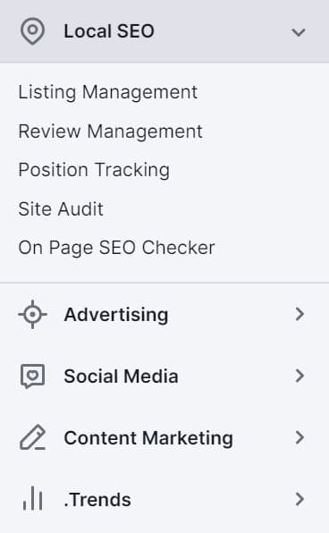 local seo, ppc, and social media menu for semrush